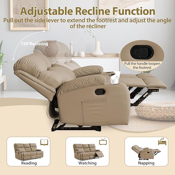 Manual Recliner Sofa Set Anti-Scratch 3 Seats Reclining, Sofa Couches with Side Pocket and Cupholders Wall Hugger Leather Couch for RV Living Room Home Theater Bedroom Apartment