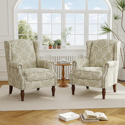 Accent Chair, Upholstered High Back Floral Armchair with Nailhead Trim & Wood Legs, Comfy Wingback Reading Single Sofa Chair for Small Spaces, Living Room, Bedroom-Light Brown Floral, 1 SEAT