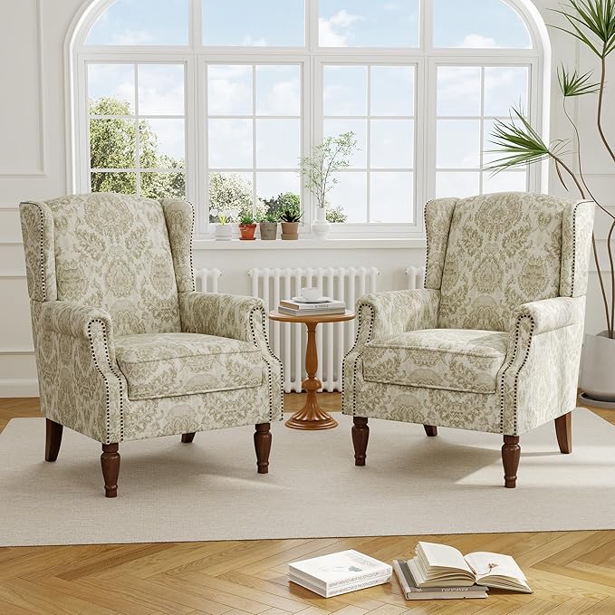 Accent Chair, Upholstered High Back Floral Armchair with Nailhead Trim & Wood Legs, Comfy Wingback Reading Single Sofa Chair for Small Spaces, Living Room, Bedroom ( Light Brown Floral, Set of 2)