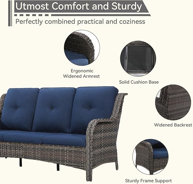 Wicker Patio Furniture Set 8-PCS with A 3-Seat Sofa, 2 Swivel Rocking Chairs, 2 Armchairs, 2 Ottomans and 1 Side Table Patio Conversation Set, Blue