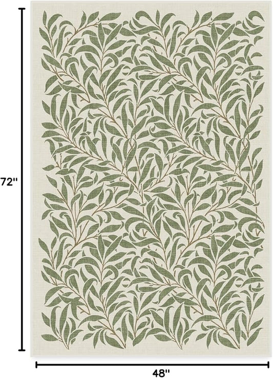 RUGGABLE x Morris & Co Washable Area Rug– Pure Willow Boughs Green 4x6, Stain-Resistant, Non-Slip – Medium Machine Washable Rugs for Living Room, Bedroom, Hallway, Entryway & Office–with Standard Pad