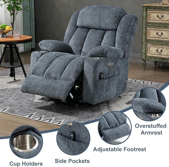 Power Lift Recliner Chair, 350lb Capacity with 8-Point Massage & Heating, USB/Type-C Ports & Cup Holders, Heavy Duty Chenille Recliner for Elderly, Blue Grey