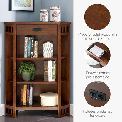 Leick Home 82263 Mission Mantel Height Corner Bookcase with Drawer Storage, Made with Solid Wood, for Entryway, Living Rooms, Home Office, Bedroom, Mission Oak Finish