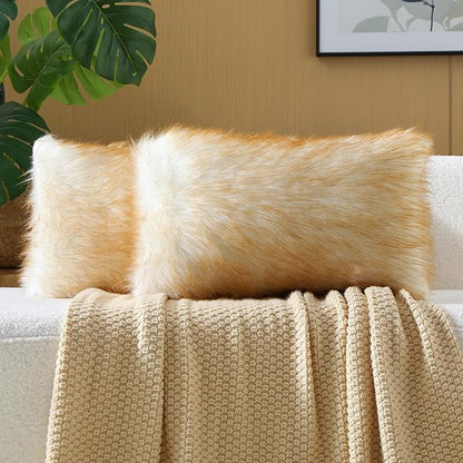 FUTEI Brown White Decorative Throw Pillow Covers 12x20 Inch Set of 2,Soft Fluffy Faux Fox Fur Textured Lumbar Pillow Case,Modern Home Decor for Couch Living Room