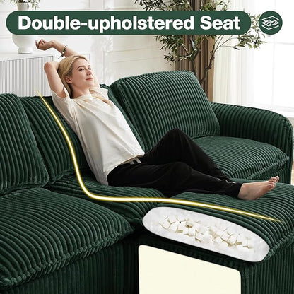 110'' Boneless Modular Cloud Couch for Living Room, Comfy Cloud Modular Sectional Couch with Ottoman, Convertible L Shaped Couches for Apartment, Dorm, No Assembly Required, Green Corduroy