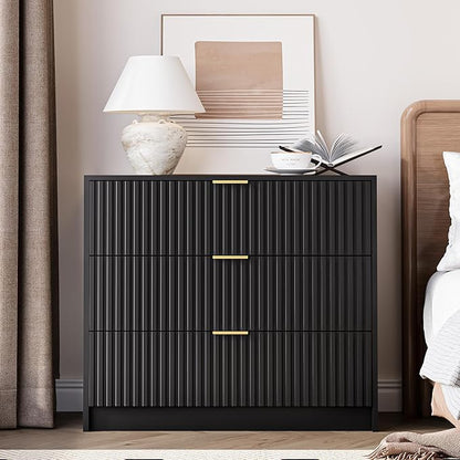 3-Piece Dresser Bedroom Set, 8 Drawer Dresser & 3 Drawer Nightstands with Gold Handles, Fluted Wood Chest of Drawers for Bedroom, Living Room, Entryway, Black