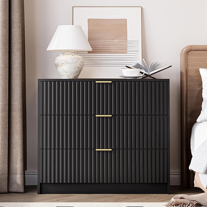 3-Piece Dresser Bedroom Set, 6 Drawer Dresser & 3 Drawer Nightstands with Gold Handles, Fluted Wood Chest of Drawers for Bedroom, Living Room, Entryway, Black