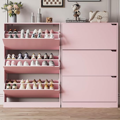 Shoe Storage Cabinet for Entryway with 3 Flip Drawers, Sturdy Wood Hidden Shoe Storage, Freestanding Narrow Slim Shoe Organizer for Front Door Entrance, Living Room, Hallway, Bedroom, Pink