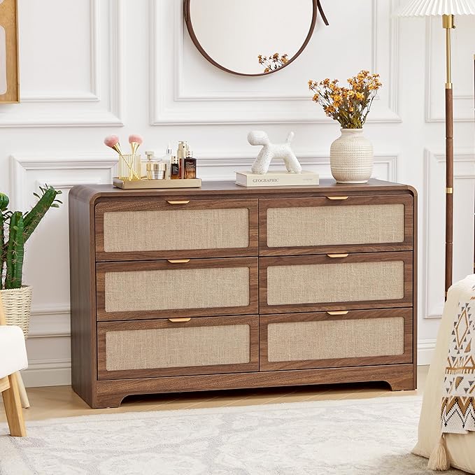 6 Drawer Dresser for Bedroom, 48" Wide Curved Wooden Dresser with Natural Linen & Metal Handle, Mid Century Modern Chest of Drawers Closet Clothes Storage Organizer for Living Room, Walnut