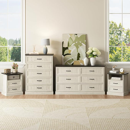 CARPETNAL Farmhouse Dresser and Nightstand Sets for Bedroom, 4 Pcs Bedroom Set, 5 Drawer & 6 Drawer Dresser and Nightstand Set of 2, Wood Chest of Drawers for Living Room, Entryway, White