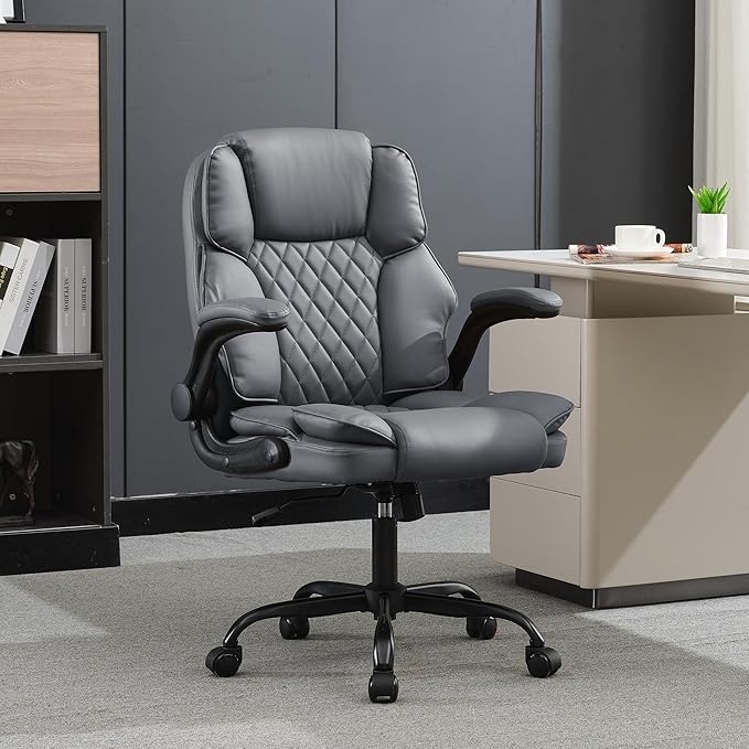 Office Desk Chair,Mid Back Executive Leather Chair,Ergonomic Home Computer Chair,Modern Conference Room Chairs with Adjustable Flip-Up Arms and Rocking Function (Grey)