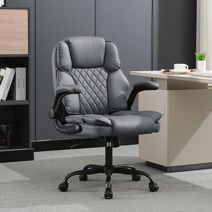 Office Desk Chair,Mid Back Executive Leather Chair,Ergonomic Home Computer Chair,Modern Conference Room Chairs with Adjustable Flip-Up Arms and Rocking Function (Grey)