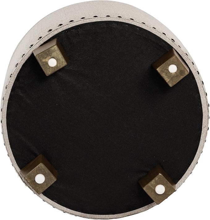 Homepop Home Decor | Upholstered Round Storage Ottoman with Nailheads| Ottoman with Storage for Living Room & Bedroom, Light Brown Fabric