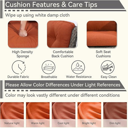 5 Pieces Outdoor Patio Furniture Set - Conversation Set Includes Wicker Swivel Rocker Chairs Set of 2, 2 Ottoman, 3-Seat Sofa, Suitable for Porch, Yard, Mixed Brown Rattan, Orange