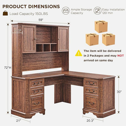 T4TREAM L Shaped Desk with Hutch,59" Farmhouse Wood Home Office Executive Desk,Charging Station,File Drawer, Storage Cabinet,Computer Desk for Work and Study (Reclaimed Barnwood)