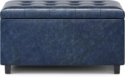 SIMPLIHOME Cosmopolitan Storage Ottoman - 34 inch Wide Upholstered Vegan Leather Rectangle Storage Ottoman Bench in Denim Blue, Transitional Tufted Ottoman for Living Room or Entryway with Lift-Up Lid