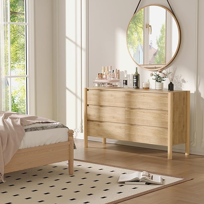 CHUWELL Dresser for Bedroom, 47" Wide Mid Century Chest of Drawers with 7 Large Storage Space and 4 Solid Wood Cylindrical Legs, 7 Drawer Large Dresser for Bedroom(Oak)