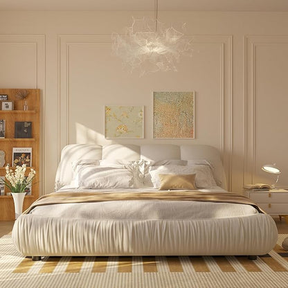 Queen Size Upholstered Platform Bed with Oversized Padded Backrest and Solid Wood Frame for Bedroom, Apartment Room (Beige, Queen (U.S. Standard))