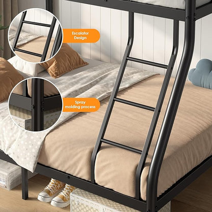 Twin Over Full Bunk Bed for Adults, Metal Bunk Beds Twin Over Full Size for Teens Dorm Bedroom Guest Room, Heavy Duty Bunk Beds with Ladder & Guardrail, No Box Spring Needed, Black