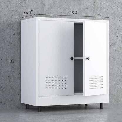 Metal Storage Cabinet with 2 Doors and Adjustable Shelf, Free Standing Accent Sideboard Buffet Cabinet for Home, Office, Entryway, Hallway, Living Room, Kitchen and Dining Room (White)
