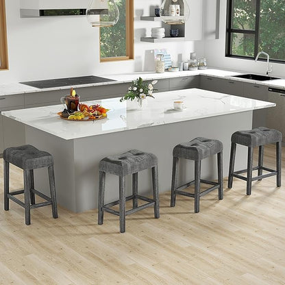 COSTWAY Wooden Saddle Stools Set of 2, 24-inch Counter Height Upholstered Backless Bar Stools with Solid Rubber Wood Legs, Padded Seat, Farmhouse Dining Chairs for Kitchen Island, Cafe, Grey