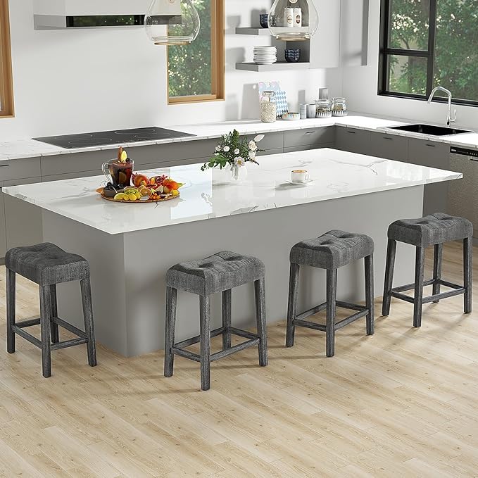 COSTWAY Wooden Saddle Stools Set of 4, 24-inch Counter Height Upholstered Backless Bar Stools with Solid Rubber Wood Legs, Padded Seat, Farmhouse Dining Chairs for Kitchen Island, Cafe, Grey