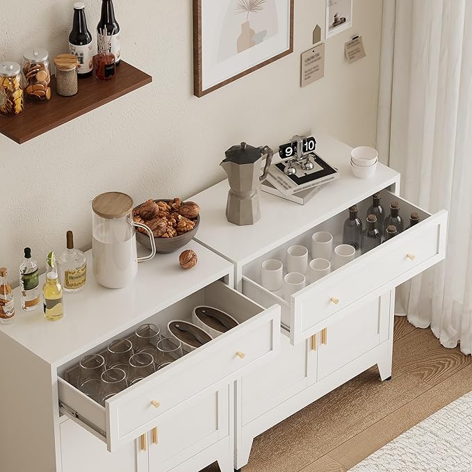 Metal Sideboard Cabinet, Buffet Storage Cabinet, Coffee Bar with Big Drawer and Adjustable Shelf for Kitchen, Dining Room, Living Room (White, 35.4" H-Sideboard)