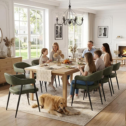 HNY Modern Dining Room Arm Chairs Set of 6, Green Retro Faux Leather Upholstered Barrel Dining Chairs with Arms Mid-Century Accent Chair with Metal Legs, Open-Back Kitchen Side Chairs for Living Room