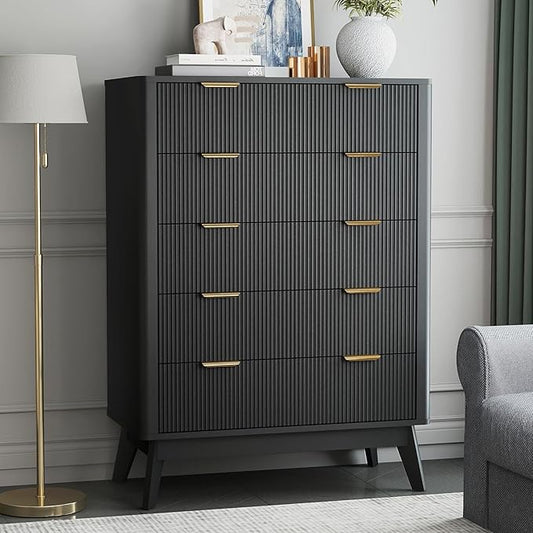 SUNWAVE Fluted 5 Drawer Dresser for Bedroom, 43.3" Tall Dressers with Round Corner, Mid-Century Modern Wood Chest for Living Room, Entry