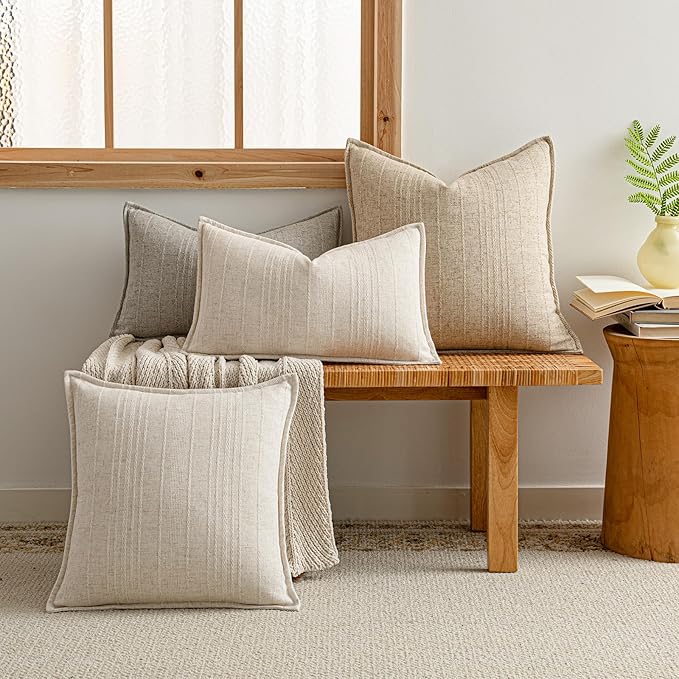 a moment Linen Pillow Covers Set of 2,Boho Farmhouse Throw Pillowcases Neutral Textured Decorative Covers for Couch Sofa, Soft Linen Blend Accent Case Cushion Living Room Home Decor 22"x22"Light Grey