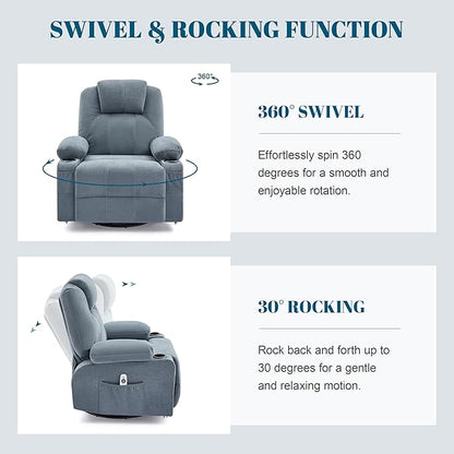 Oversized Swivel Rocker Recliner Chair with Heat and Massage, Large Big Recliner Chair for Living Room, 360 Degree Swivel Rocking Single Sofa with Cup Holders and USB Port(Fabric, Blue)