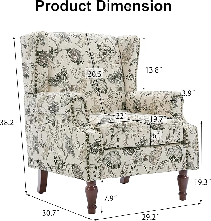 Floral Accent Chair, Retro Modern Farmhouse Wingback Armchair with High Back, Tufted Nailhead Trim & Solid Wood Legs, Upholstered Reading Chair for Living Room, Bedroom, Office (Plants Beige)