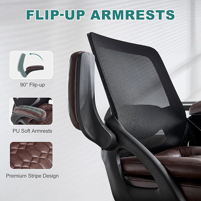Big and Tall Office Chair, 500lbs Mesh Heavy Duty Ergonomic Desk Chair with Flip-up Armrests, Plus Size Wide Seat in PU Leather, 360 Swivel Computer Executive Task Chair for Home Office (Brown)