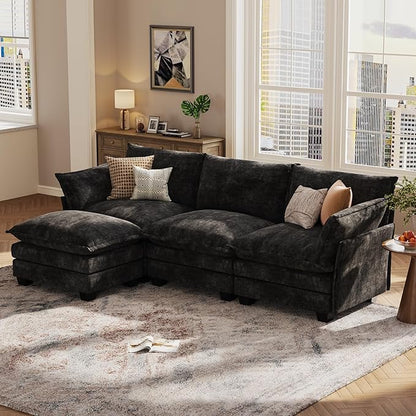 KKL Modular Sectional Sofa, L-Shaped 4 Seater Cloud Couch with Ottoman, Chenille Modern Sectional Couches for Living Room, Apartment, Black