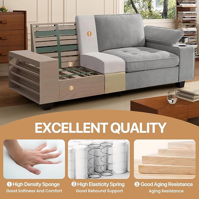 84" Loveseat Couch for Living Room,Modern Chenille Upholstered Sofa with Adjustable Storage Armrest,Cup Holders,USB & Type-C Ports,Solid Wood 2-Seater Loveseat Sofa for Apartment(Gray)