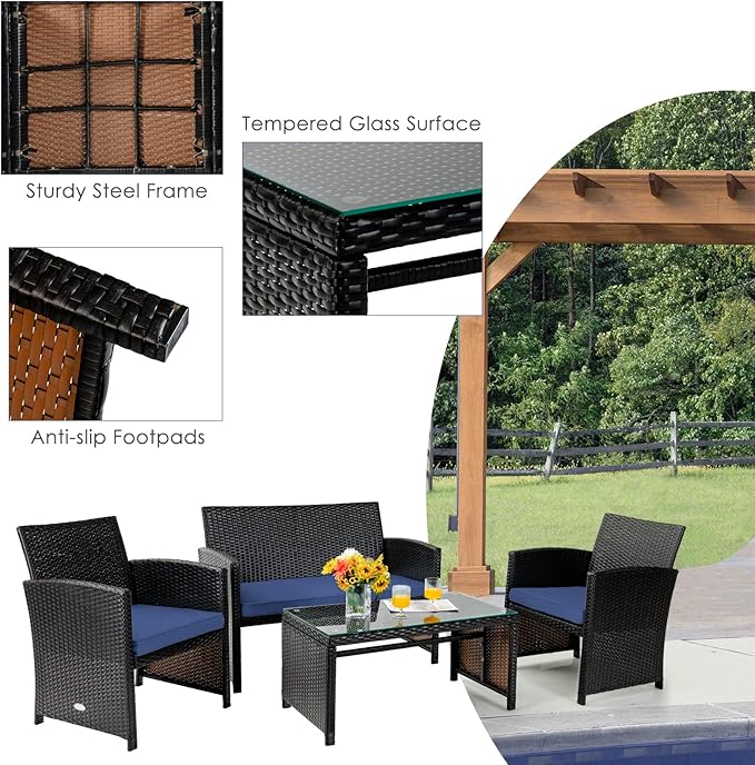 COSTWAY Patio Furniture Set 4 Pieces, Outdoor Wicker Chairs Sofa w/Coffee Table and Soft Cushions, Rattan Conversation Sets for Patio Lawn Backyard Yard Pool Garden, Navy