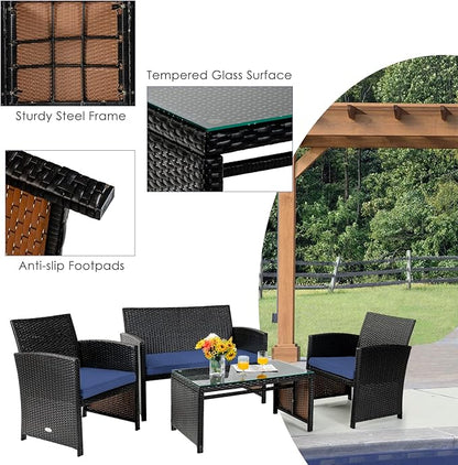 COSTWAY Patio Furniture Set 4 Pieces, Outdoor Wicker Chairs Sofa w/Coffee Table and Soft Cushions, Rattan Conversation Sets for Patio Lawn Backyard Yard Pool Garden, Navy