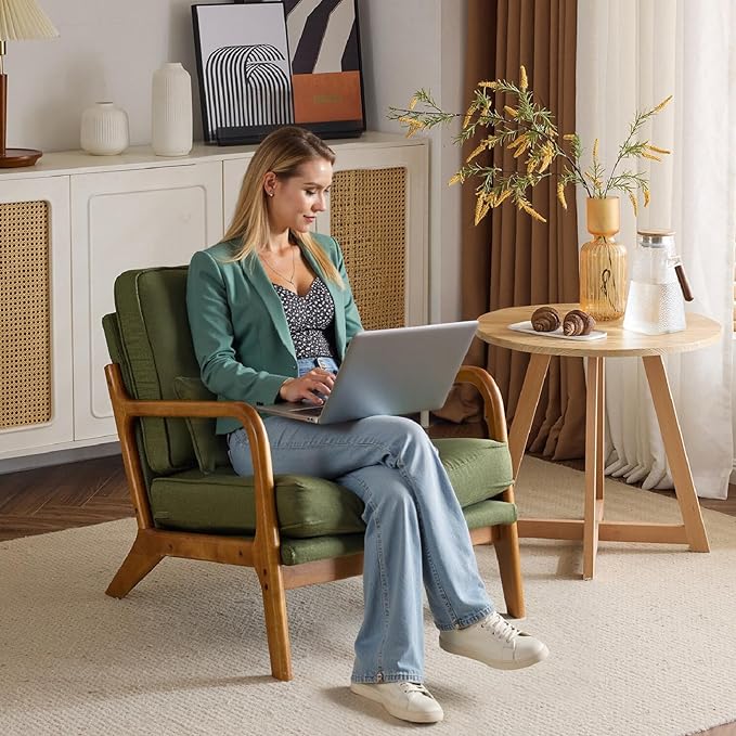Karl home Accent Chair Mid-Century Modern Chair with Pillow Linen Fabric Upholstered Lounge Arm Chair with Solid Wood Frame & Soft Cushion for Living Room, Bedroom, Balcony, Green