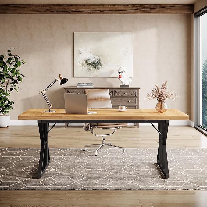 Tribesigns 70.86-Inch Large Executive Desk, Industrial Home Office Computer Desk, Simple Long Writing Study Table Business Furniture (Light Walnut/Black)