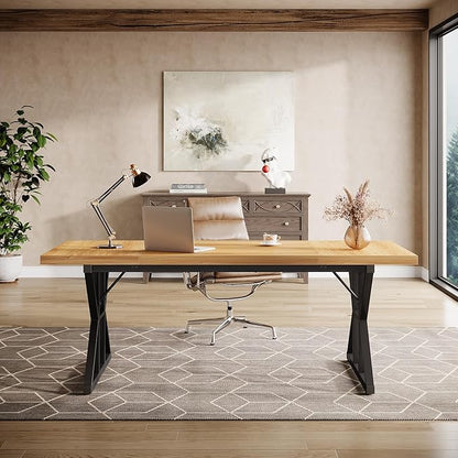Tribesigns 70.86-Inch Large Executive Desk, Industrial Home Office Computer Desk, Simple Long Writing Study Table Business Furniture (Light Walnut/Black)