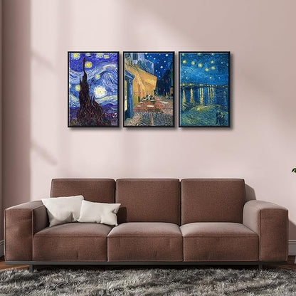 Wieco Art Black Framed 3 Panels Canvas Prints of Vincent Van Gogh Paintings Reproduction Starry Night Over the Rhone Cafe Terrace at Night Canvas Wall Art for Home Office Decor