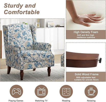 Pia Ricco High Back Floral Accent Chair - Retro Wingback Upholstered Armchair with Nailhead Trim, Solid Wood Legs, Fabric Living Room Bedroom Reading Chair (Flower Blue)