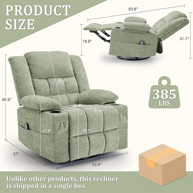 360° Swivel Rocker Recliner for Adults, Nursery Glider Recliner with Massage and Heating, Rocking Chair with Cup Holder, Manual Recliner Chair for Living Room, Bedroom (Fabric, Turquoise)