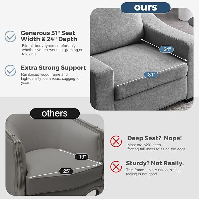 ABCASA 47" W Oversized Accent Chair, Comfy Upholstered Sofa Chair with Large Seat and Wide Armrest, Pet-Friendly Modern Lounge Armchair for Living Room/Apartment/Bedroom, Premium Linen, Grey