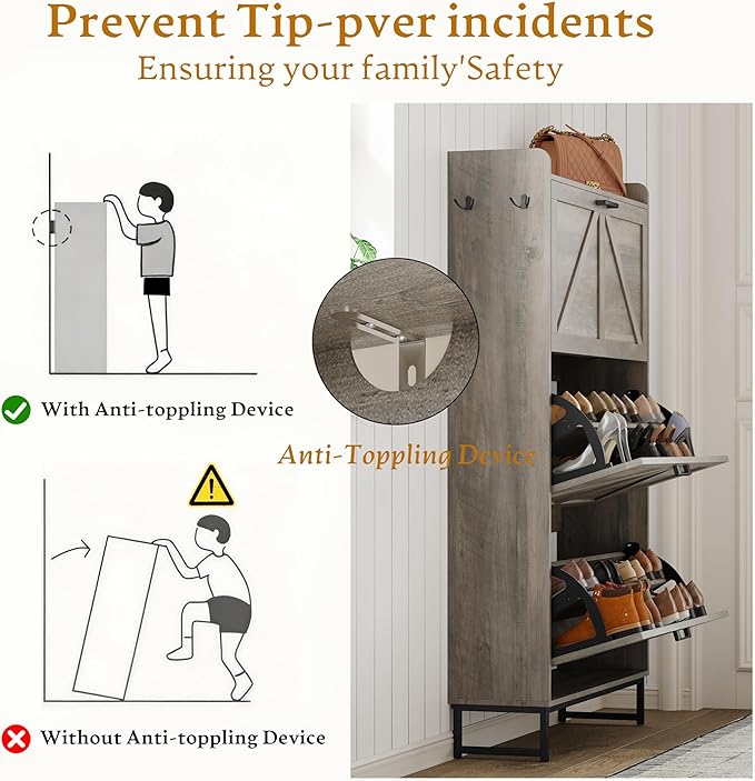 Shoe Cabinet Storage for Entryway, Shoe Storage Cabinet with 3 Flip Drawers, Freestanding Narrow Shoe Rack Organizer with Metal Legs & Side Hook for Foyer, Hallway, Grey
