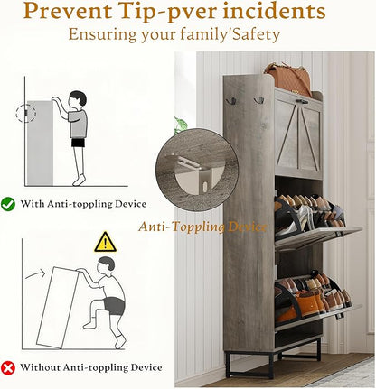 Shoe Cabinet Storage for Entryway, Shoe Storage Cabinet with 3 Flip Drawers, Freestanding Narrow Shoe Rack Organizer with Metal Legs & Side Hook for Foyer, Hallway, Grey