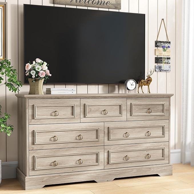 Maupvit Dresser, Vintage Design Wood Rustic Chest of Drawers with Natural Texture, Sturdy & Durable Farmhouse Dresser, Ideal Storage Dressers for Living Room (Grey, 7 Drawers)