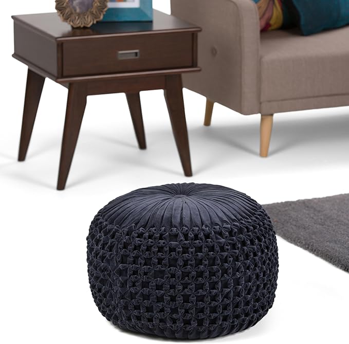 SIMPLIHOME Renee Boho Round Pouf in Navy Velvet Fabric for the Living Room, Bedroom and Kids Room