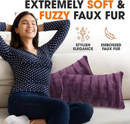 Cheer Collection Faux Fur Throw Pillows - Decorative Pillows for Couch, Bed Throw Pillows, Purple Accent Pillows for Bedroom or Living Room Aesthetic, Set of 2 Furry Throw Pillows, 12" x 20"