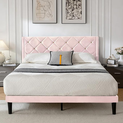 Full Size Platform Bed Frame with Velvet Upholstered Headboard and Sturdy Wooden Slats Support,Mattress Foundation，Easy Assembly, No Box Spring Needed,Slip Resistant (Pink, Full)